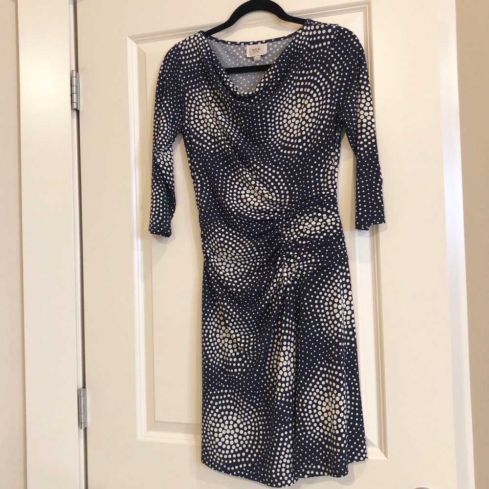 ECI Navy & Cream Polka Dotted Dress Size 4 EUC